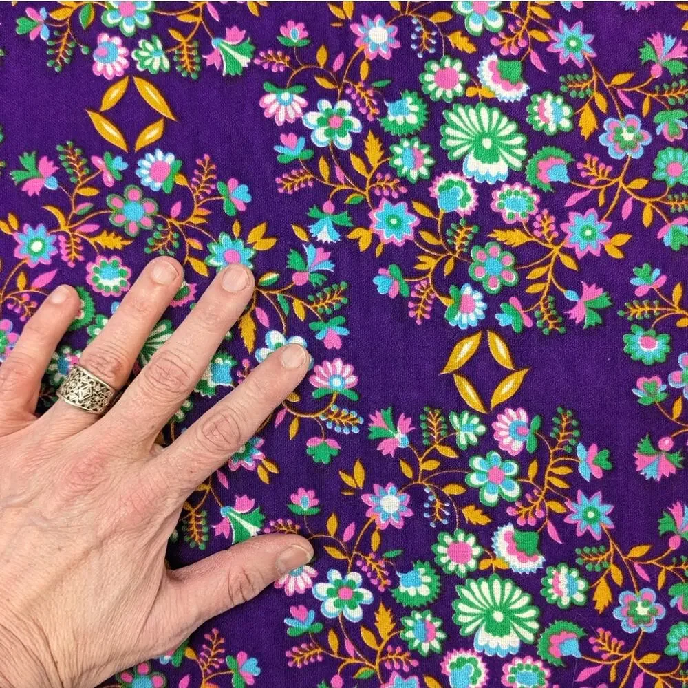 3 1/8 Yards Vintage 1970's Colorful HAWAIIAN Acrylic CREPE FABRIC Purple Floral